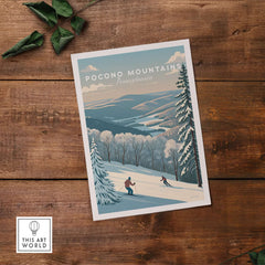 Pocono Mountains Pennsylvania ski run poster featuring winter scenery and skiers on a snowy slope.