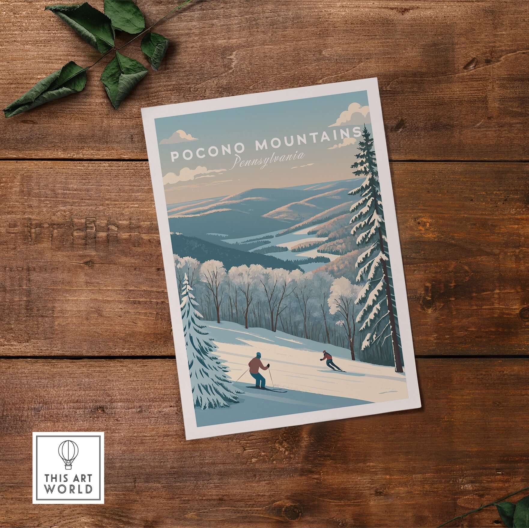 Pocono Mountains Pennsylvania ski run poster featuring winter scenery and skiers on a snowy slope.