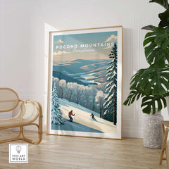 Pocono Mountains Pennsylvania ski run poster art print featuring skiers on winter slopes and scenic mountain views.