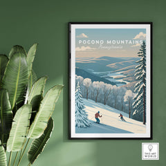 Pocono Mountains ski run poster art print featuring skiers in scenic winter landscape.