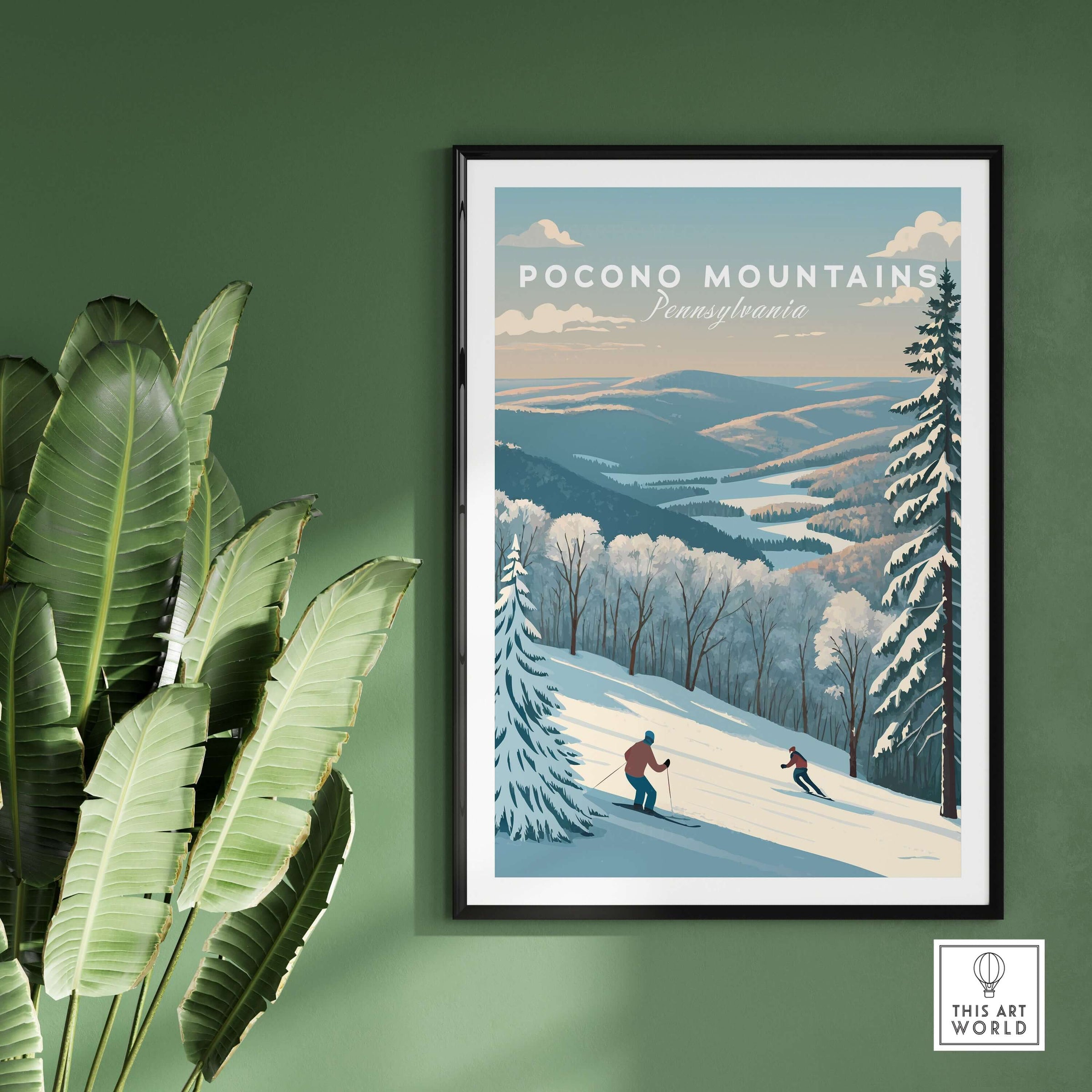 Pocono Mountains ski run poster art print featuring skiers in scenic winter landscape.
