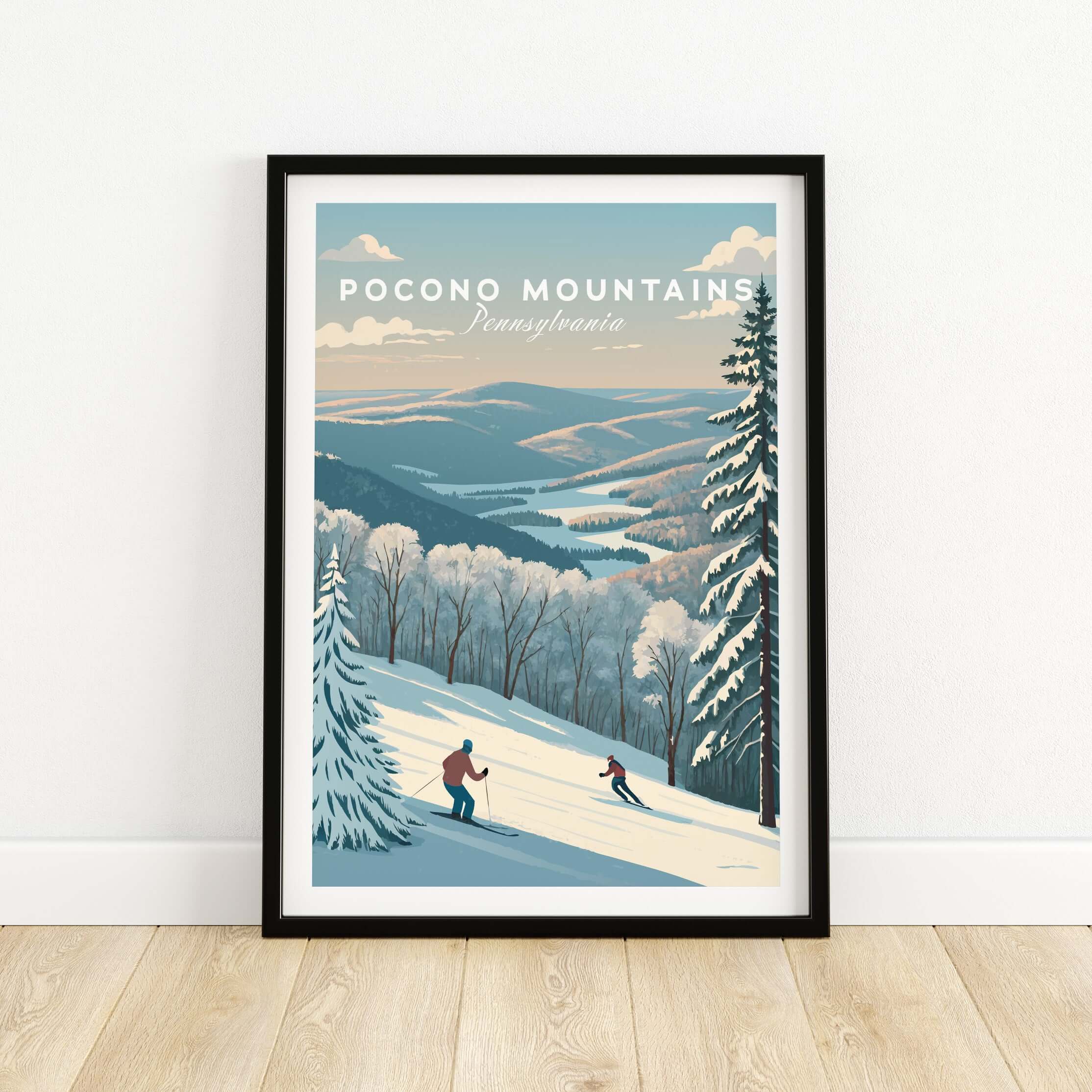 Pocono Mountains Pennsylvania Ski Run Poster featuring winter landscape and skiers in a beautiful snow-covered scene.