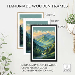 Pocono Mountains Pennsylvania Scenic Drive Poster - Green Valley Wall Art displayed in handmade wooden frames in natural, white, and black finishes.