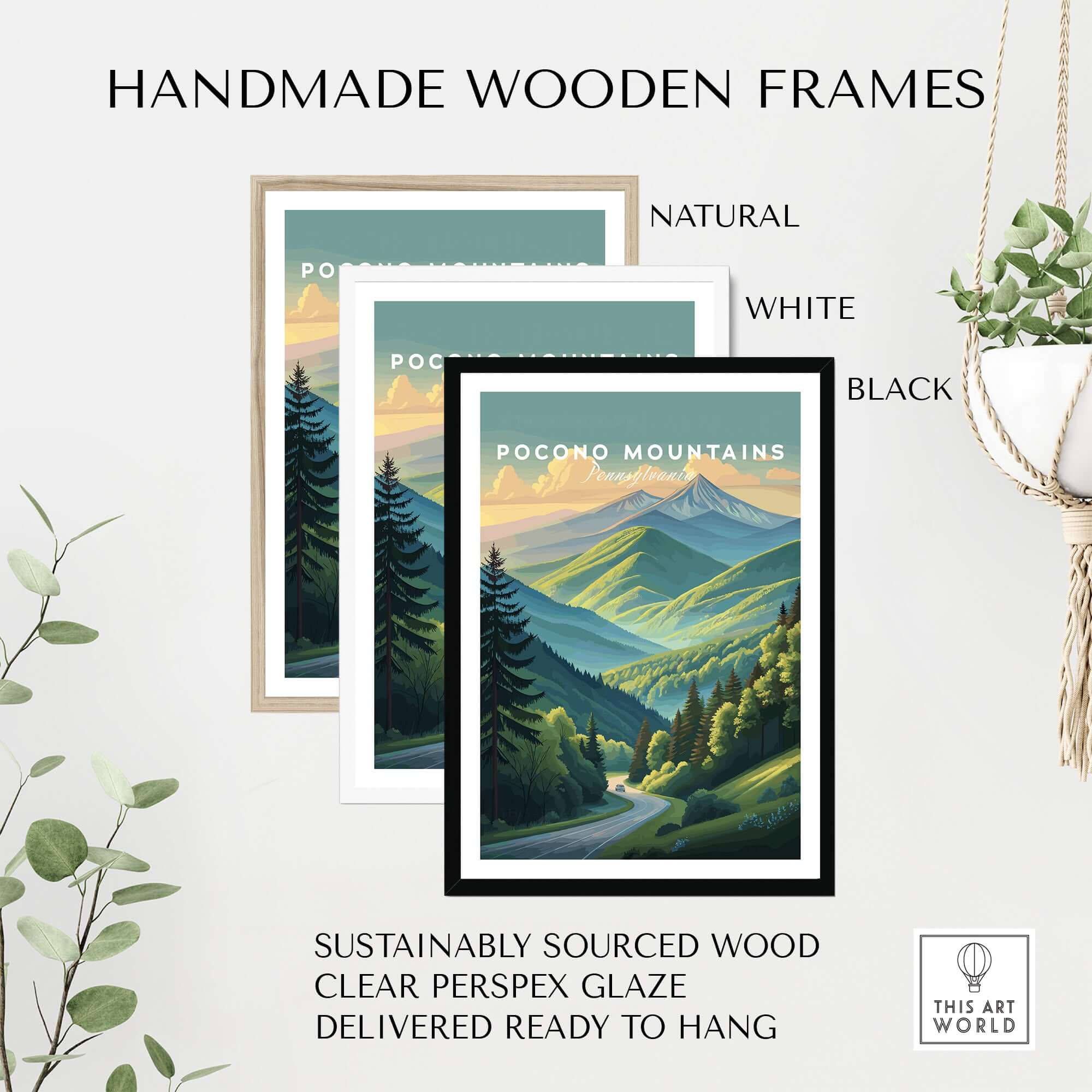 Pocono Mountains Pennsylvania Scenic Drive Poster - Green Valley Wall Art displayed in handmade wooden frames in natural, white, and black finishes.
