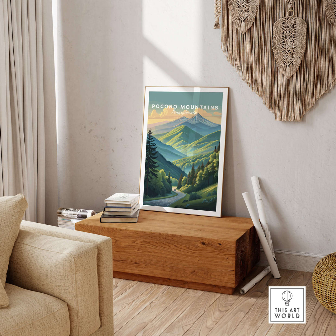 Pocono Mountains Pennsylvania scenic drive poster showcasing vibrant green valley wall art in a cozy living room setting.