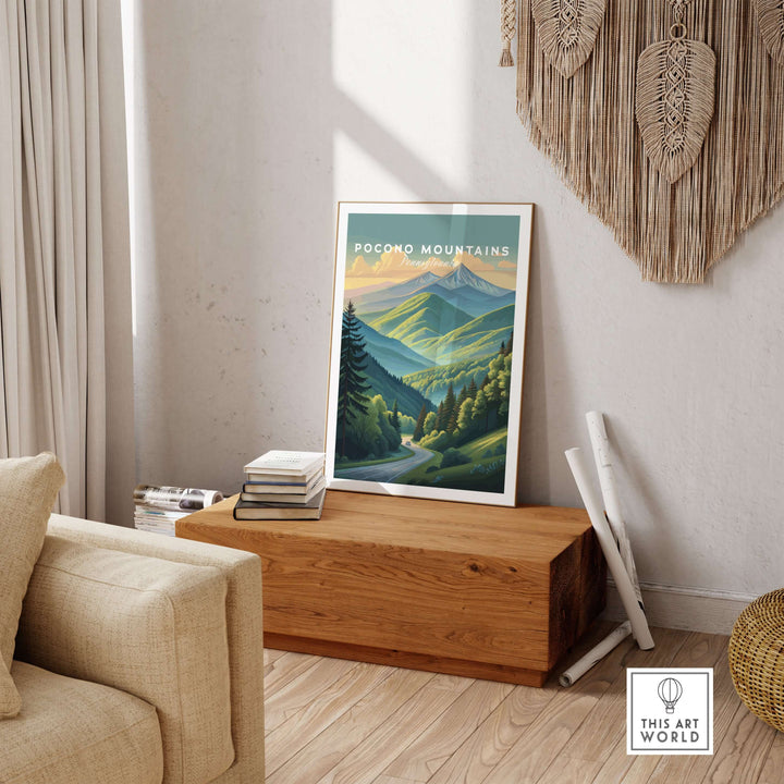 Pocono Mountains Pennsylvania scenic drive poster showcasing vibrant green valley wall art in a cozy living room setting.