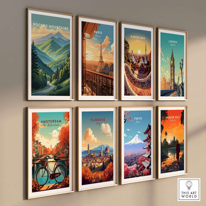 Gallery of scenic travel posters featuring Pocono Mountains, Paris, Barcelona, London, and more art for wall decor.