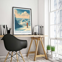 Pocono Mountains Ski Poster displayed in a modern home office with stylish furniture.