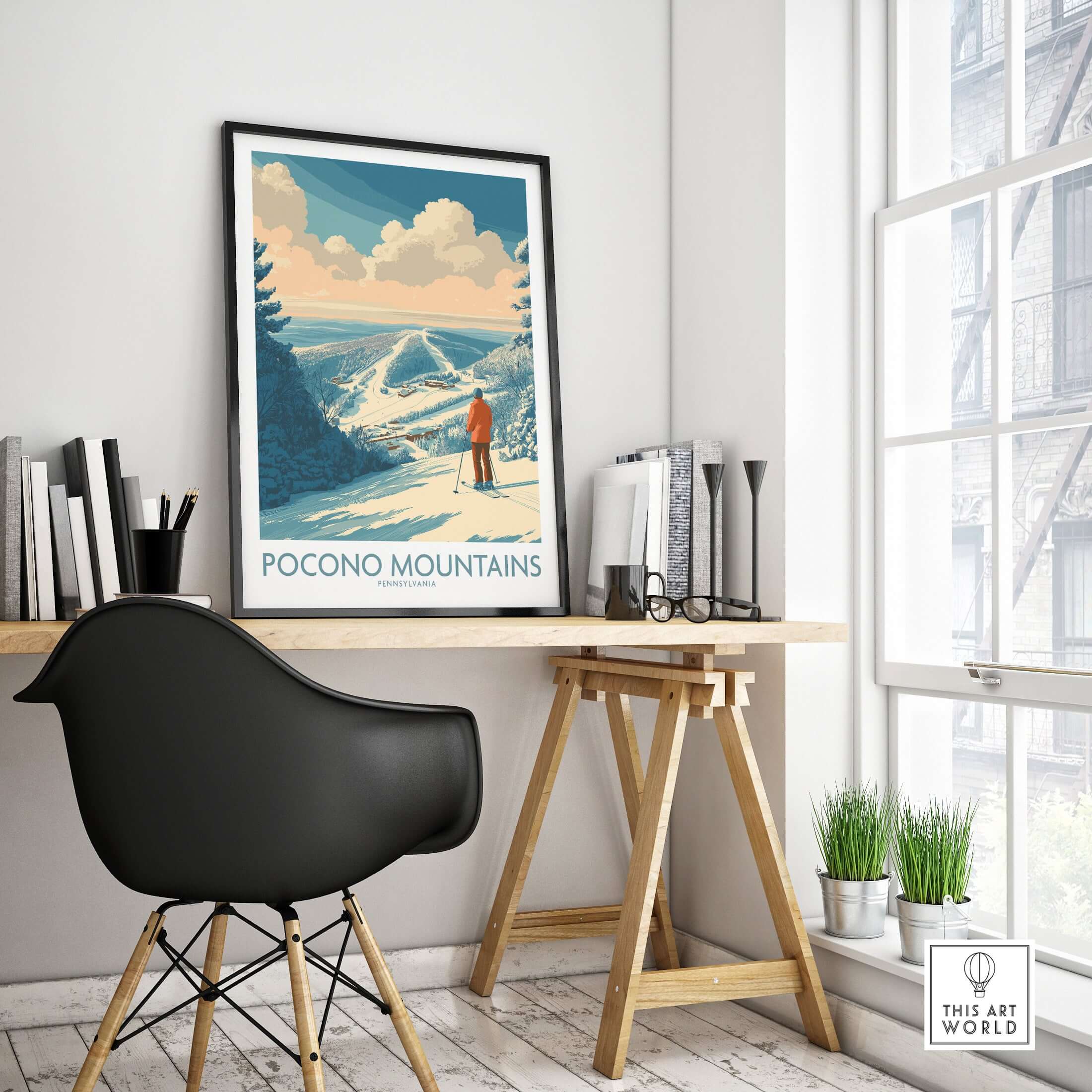 Pocono Mountains Ski Poster displayed in a modern home office with stylish furniture.