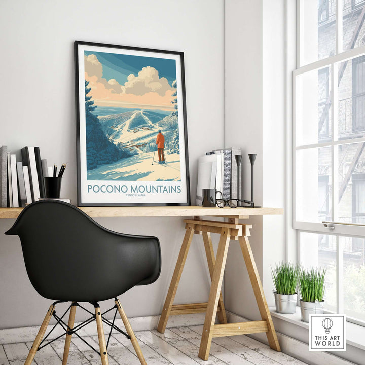 Stylish Pocono Mountains ski poster displayed in a modern office setting, inspiring winter adventures.