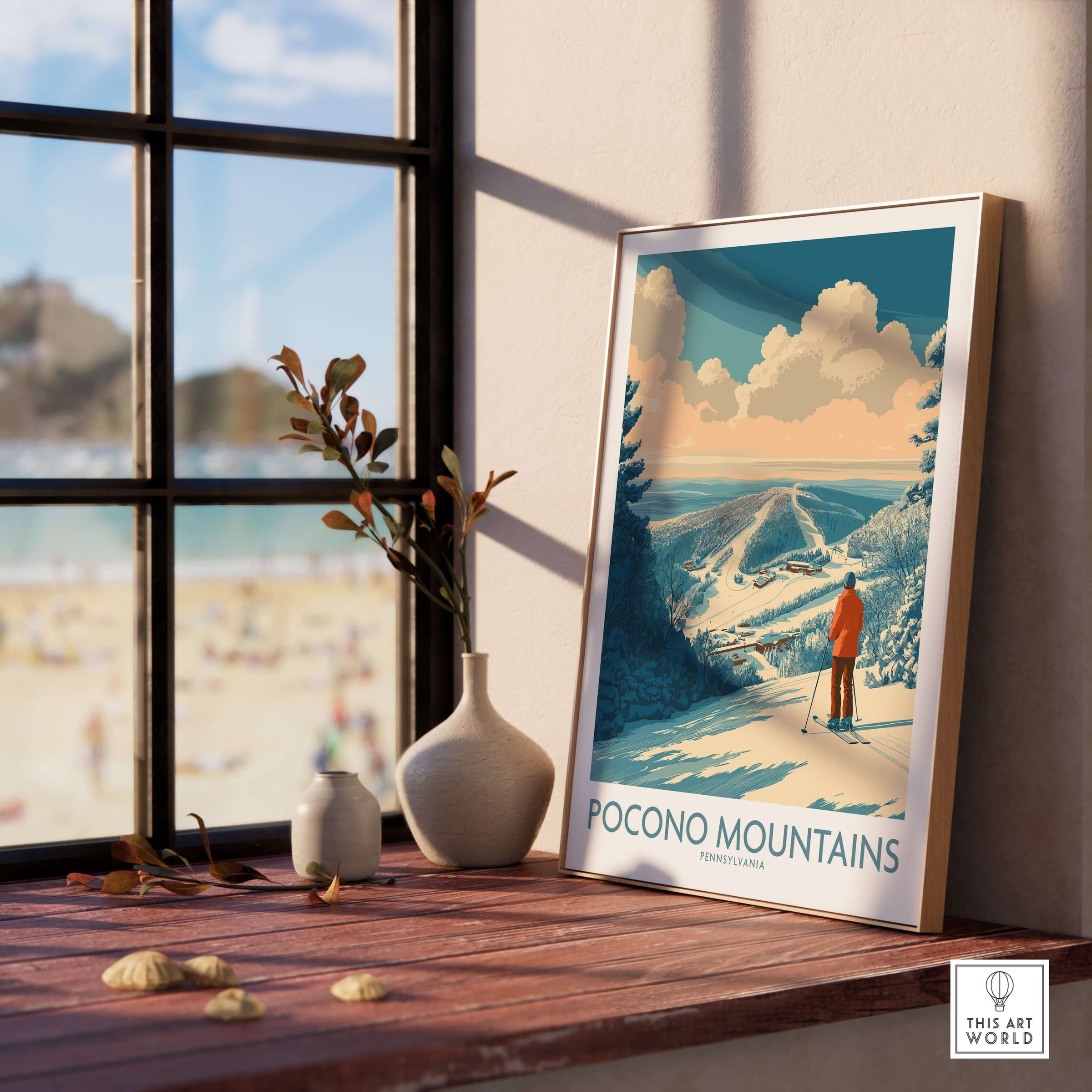 Pocono Mountains Ski Poster displayed on a wooden shelf near a window, capturing winter essence and scenic beauty.