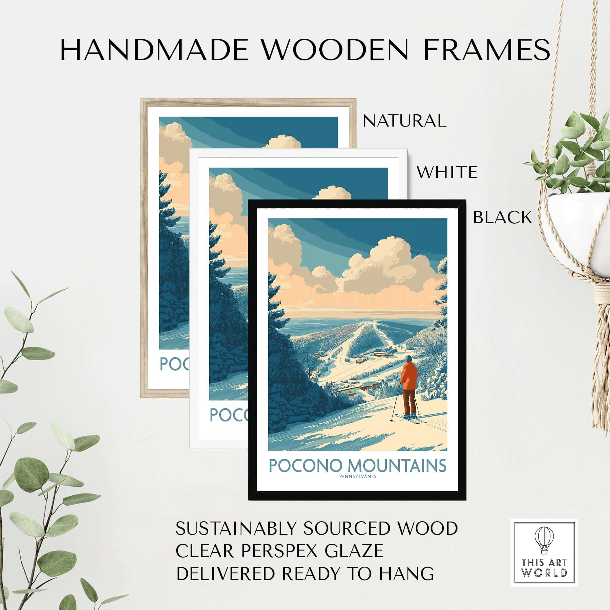 Handmade wooden frames in natural, white, and black for Pocono Mountains Ski Poster, sustainably sourced and ready to hang.