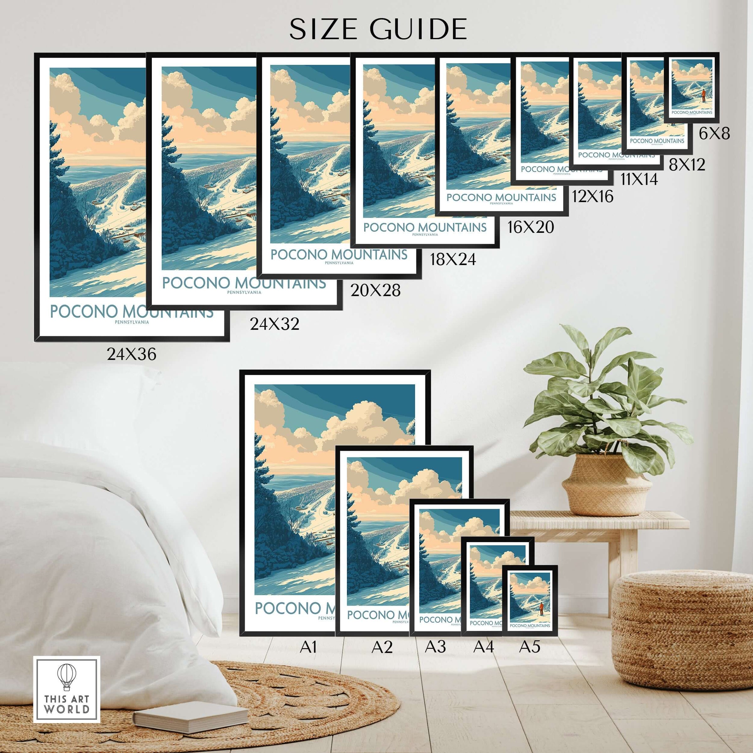 Pocono Mountains Ski Poster size guide showcasing various frame sizes and artwork options.