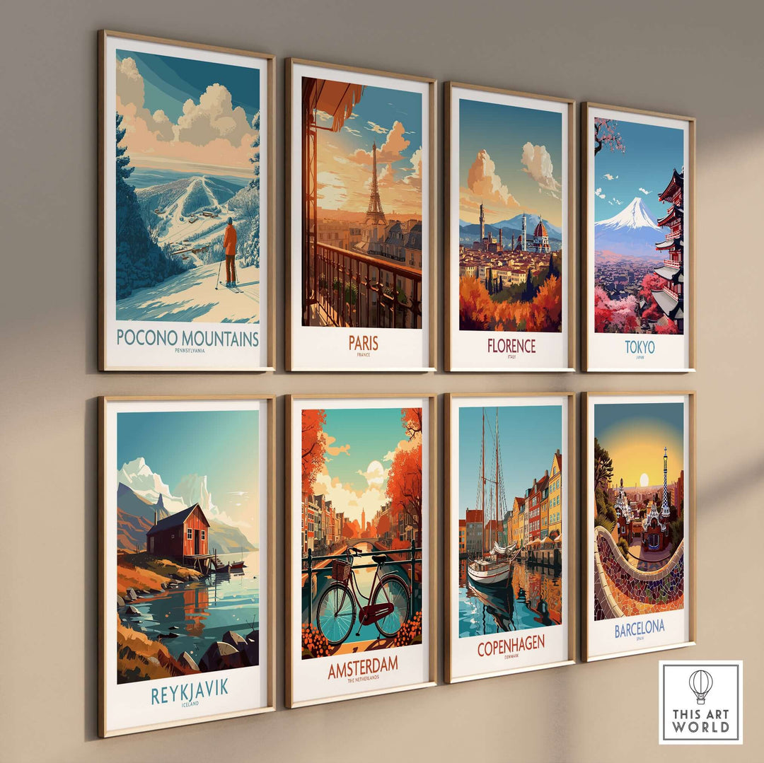 Collection of travel posters featuring Pocono Mountains, Paris, Florence, Tokyo, Reykjavik, Amsterdam, Copenhagen, and Barcelona.