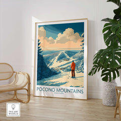 Pocono Mountains Ski Poster showcasing stunning winter scenery with skier, perfect for home decor.