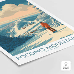 Pocono Mountains Ski Poster showcasing a skier on snowy slopes, capturing the beauty of winter in the Pocono Mountains.