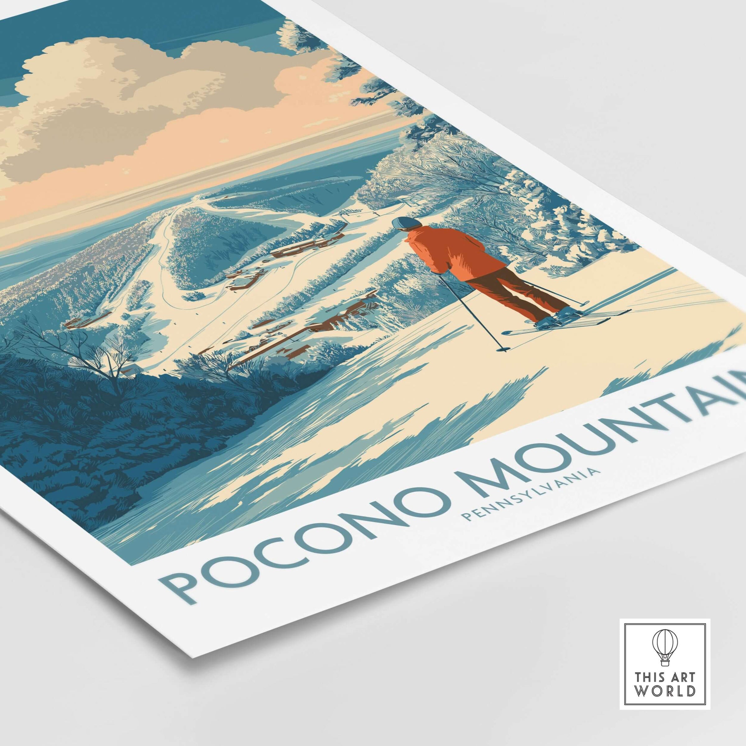 Pocono Mountains Ski Poster showcasing a skier on snowy slopes, capturing the beauty of winter in the Pocono Mountains.