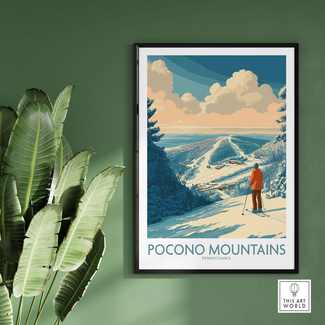 Pocono Mountains ski poster showcasing snowy slopes and serene landscape, perfect for winter decor and ski enthusiasts.