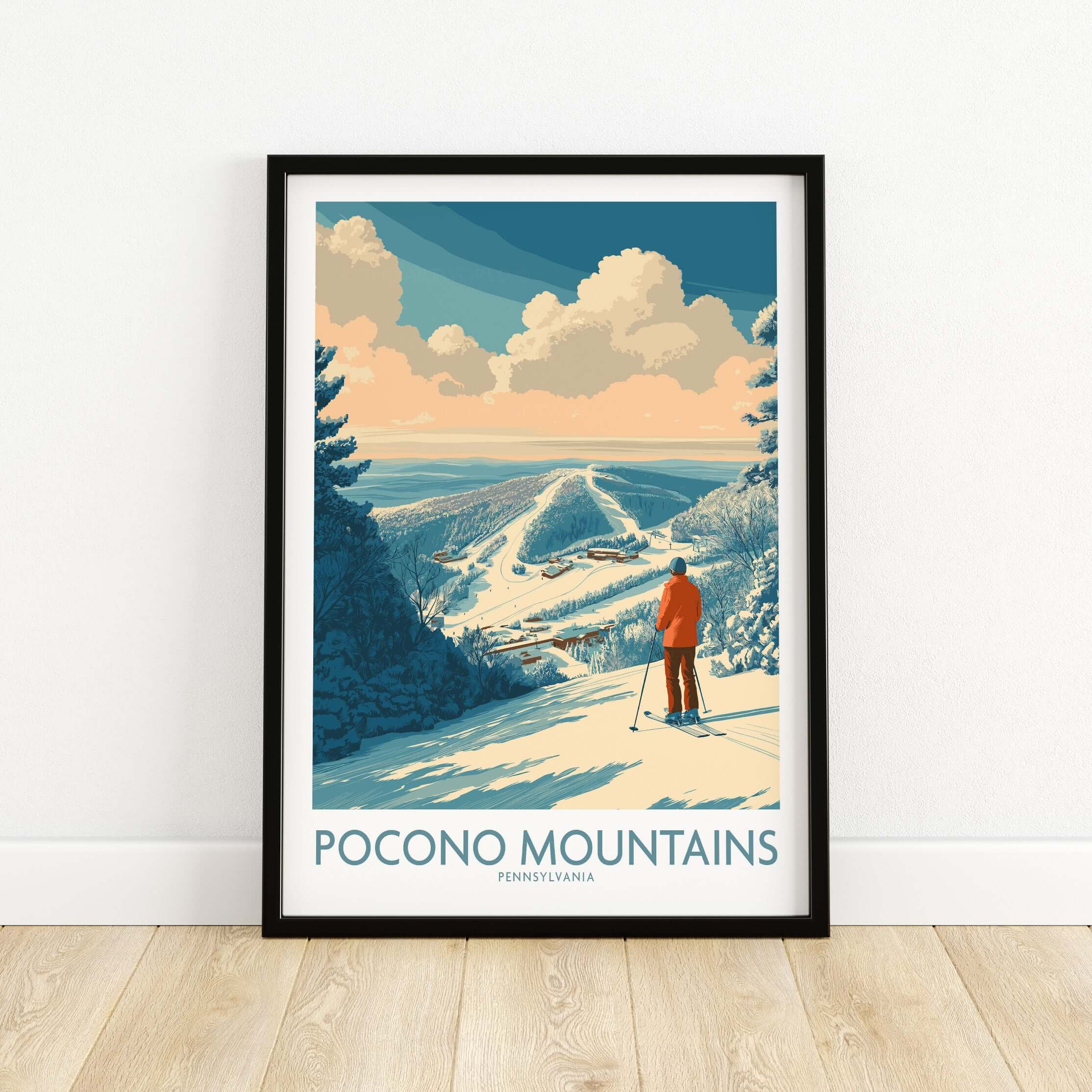 Pocono Mountains Ski Poster featuring a skier overlooking a beautiful snowy landscape.