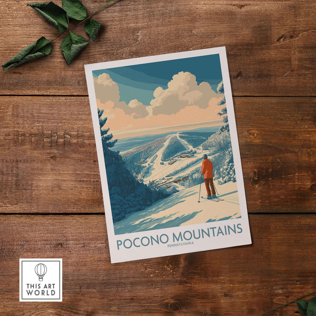 Stunning Pocono Mountains ski poster showcasing winter scenery and a skier on a slope, perfect for any ski lover's decor.