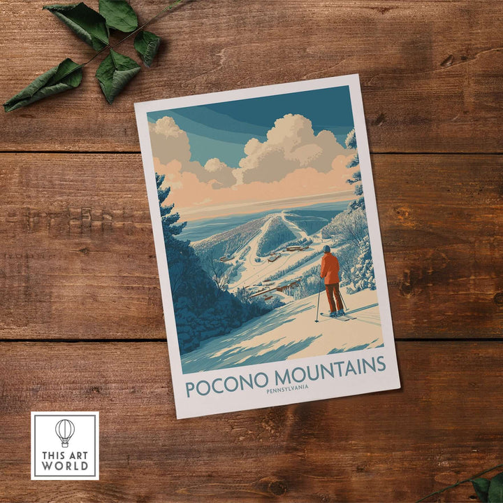 Stunning Pocono Mountains ski poster showcasing winter scenery and a skier on a slope, perfect for any ski lover's decor.
