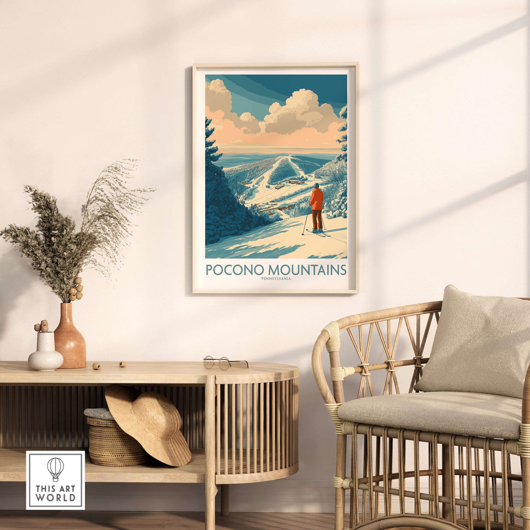 Pocono Mountains ski poster featuring a skier in a snowy landscape, perfect for home or office decor.