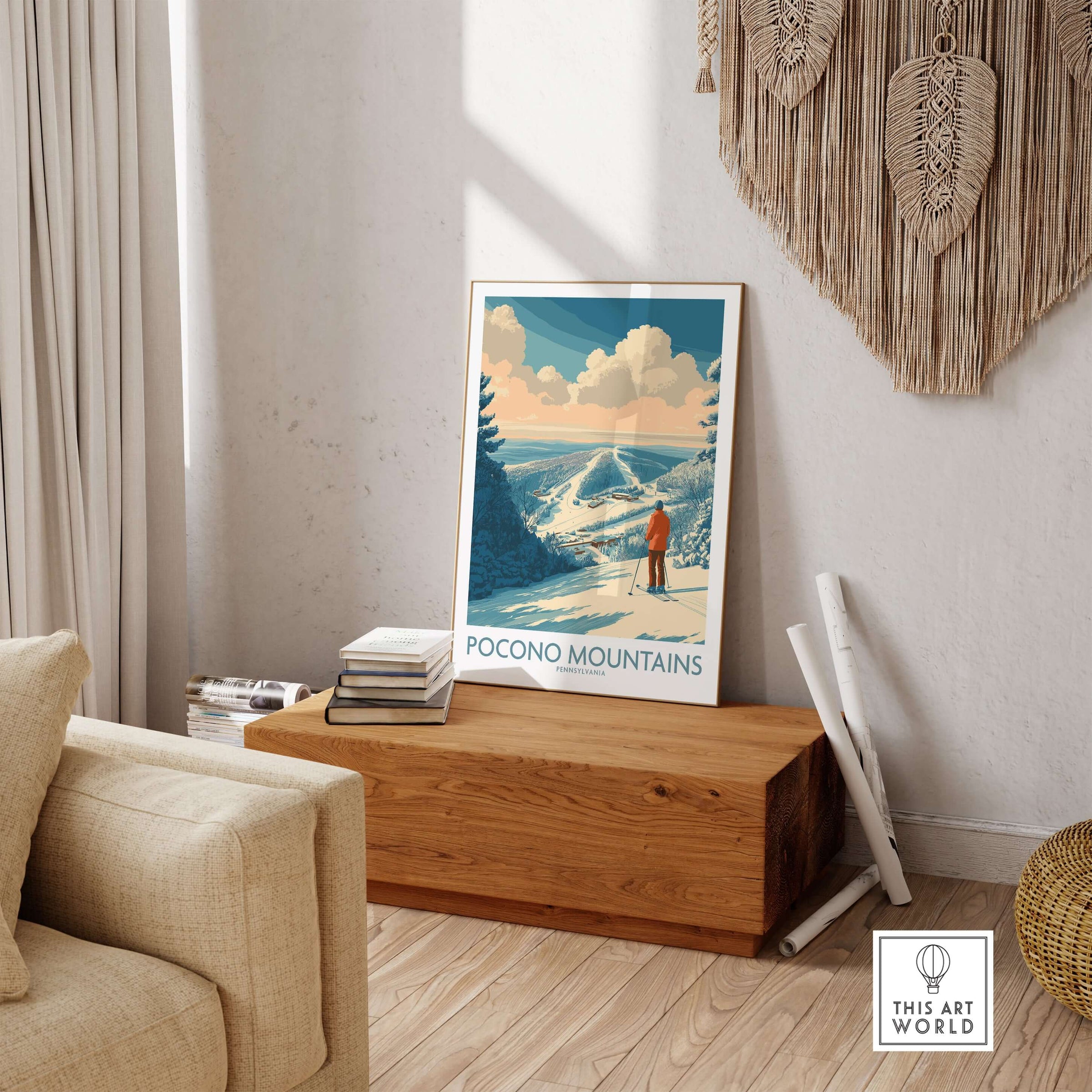Pocono Mountains Ski Poster displayed in a cozy living room setting on a wooden shelf.