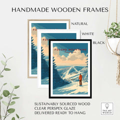 Pocono Mountains Ski Print displayed in three handmade wooden frames: natural, white, and black, showcasing vibrant landscape art.