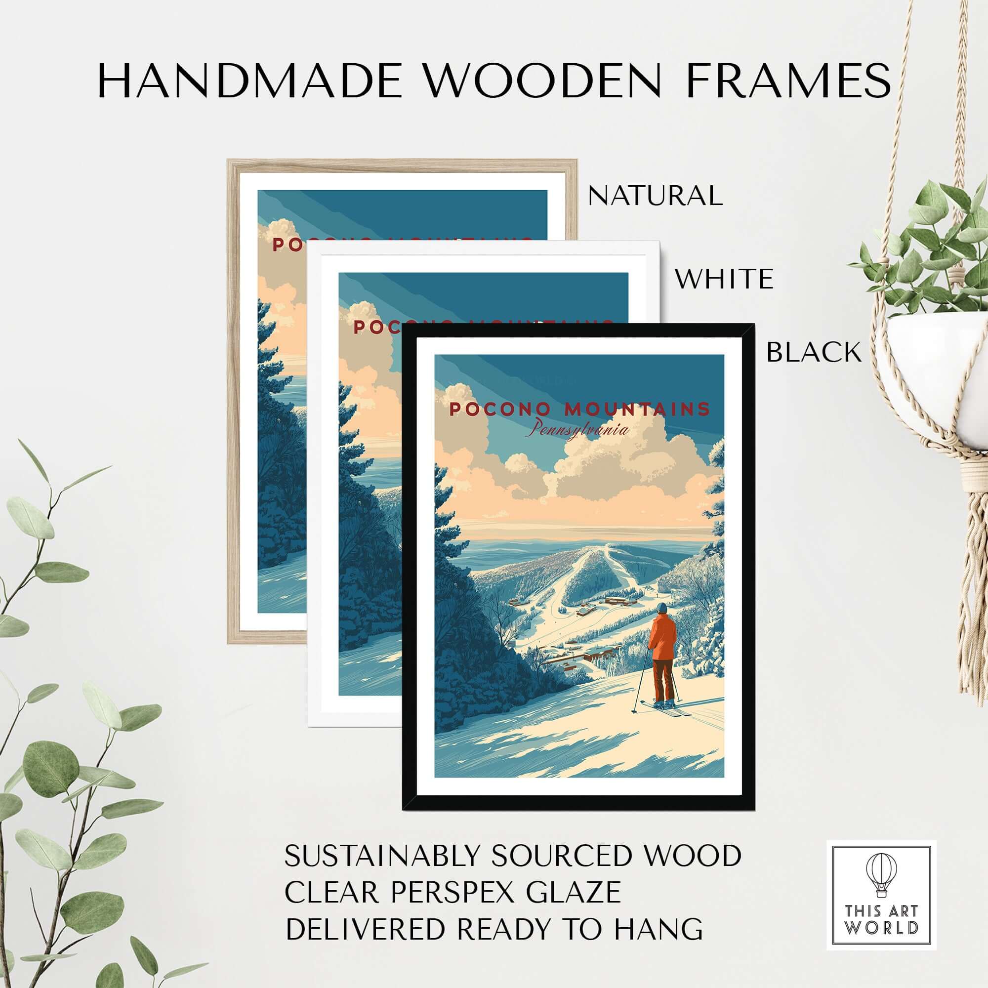 Pocono Mountains Ski Print displayed in three handmade wooden frames: natural, white, and black, showcasing vibrant landscape art.