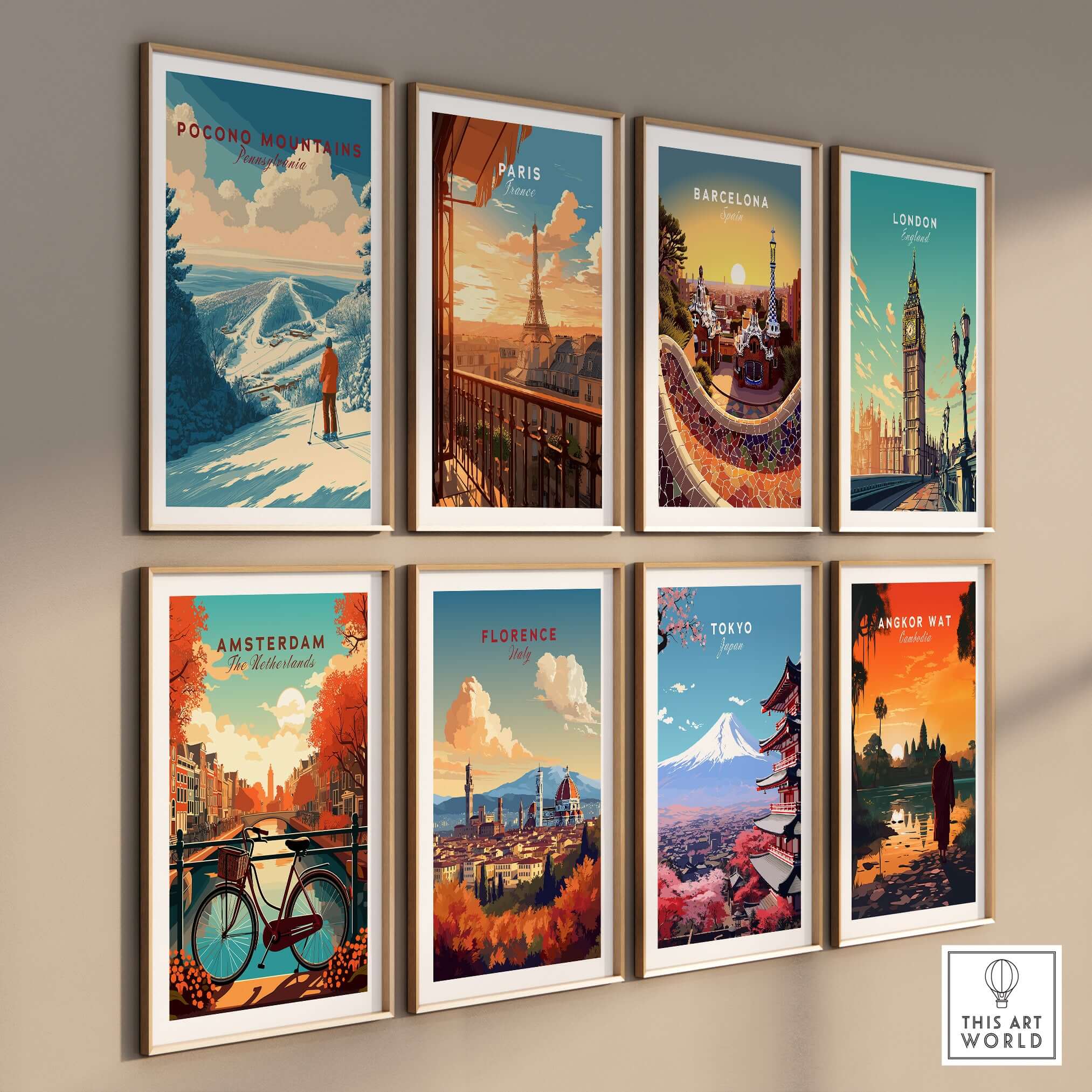 Gallery wall featuring scenic prints including Pocono Mountains and iconic cities like Paris, London, and Tokyo.