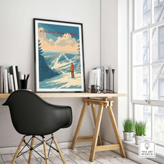 Pocono Mountains ski print poster showcasing a scenic snowy landscape with a skier, perfect for nature and ski lovers.