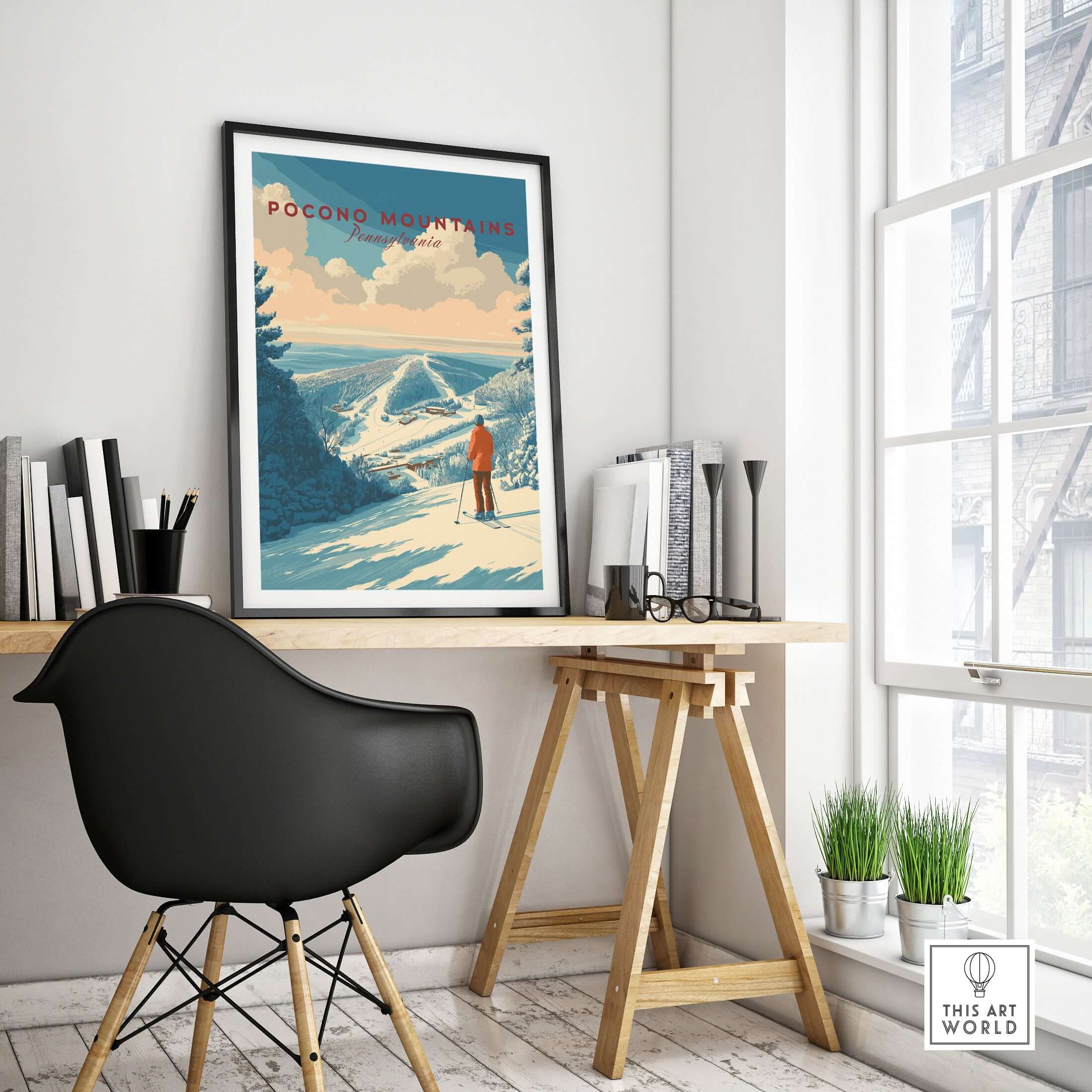 Pocono Mountains ski print poster showcasing a scenic snowy landscape with a skier, perfect for nature and ski lovers.