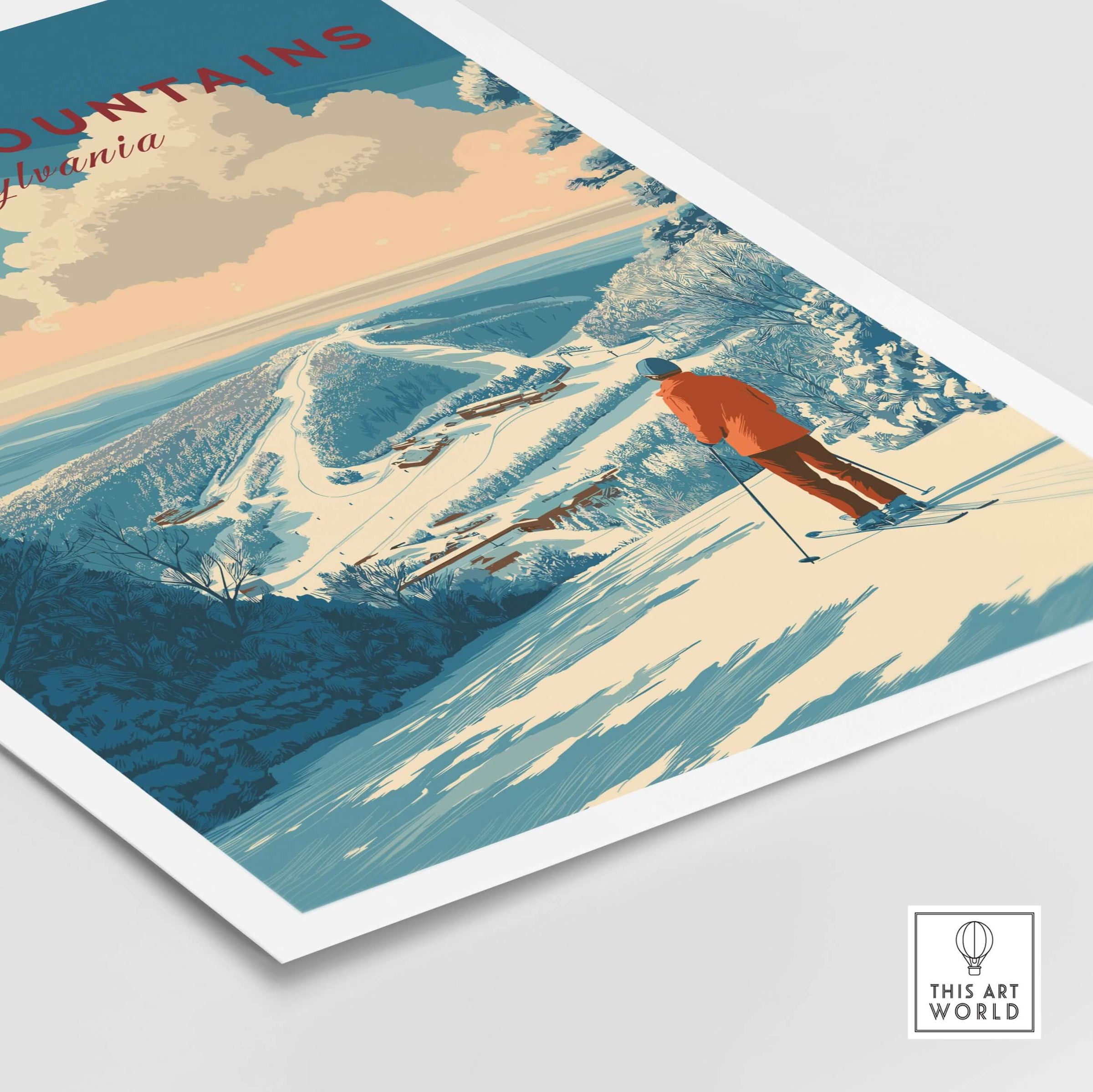 Pocono Mountains Ski Print showcasing a skier on a scenic slope in Pennsylvania, perfect for nature and ski lovers.