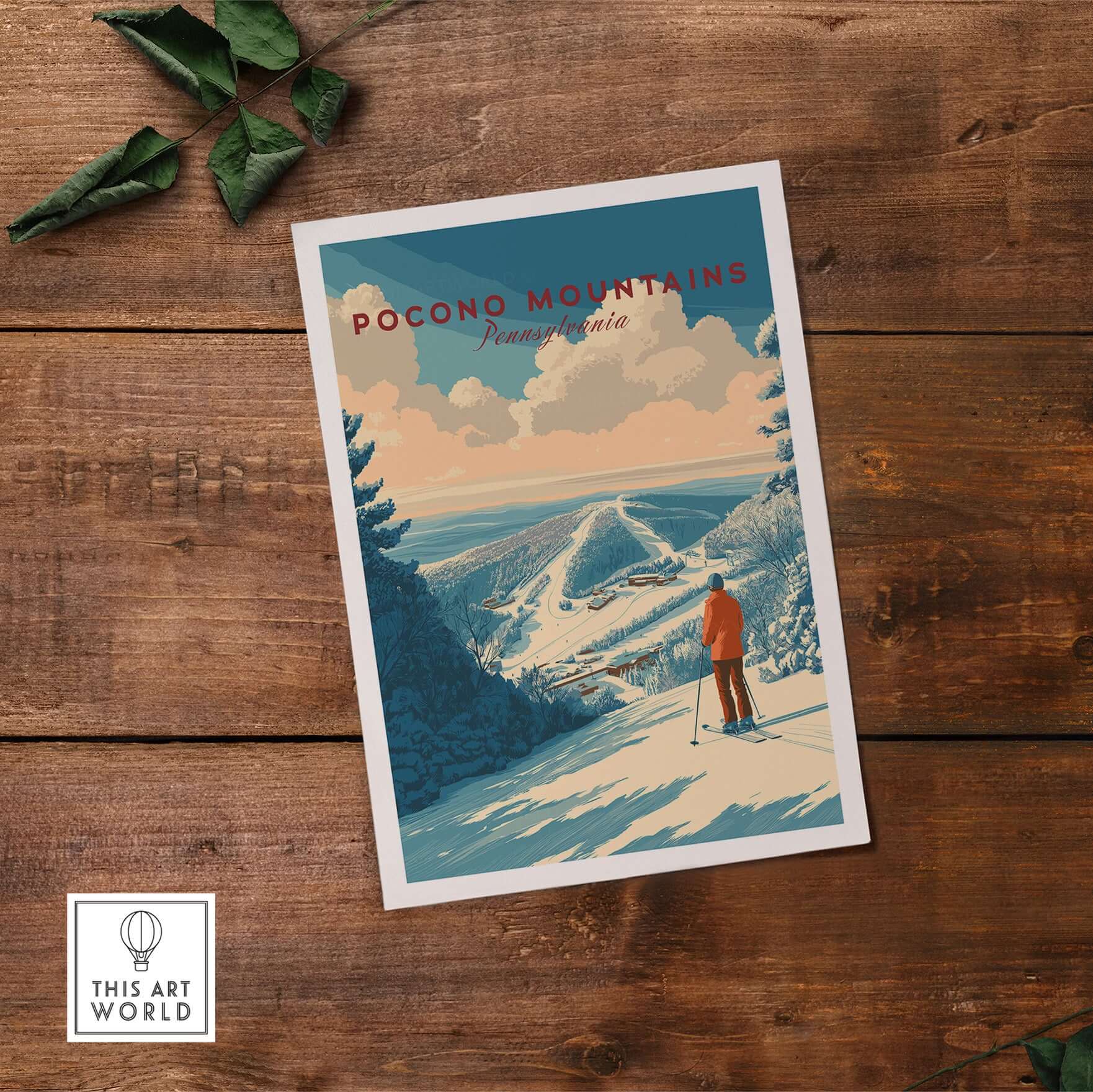 Pocono Mountains ski print depicting a scenic view of Green Valley, Pennsylvania, perfect for nature and ski lovers.