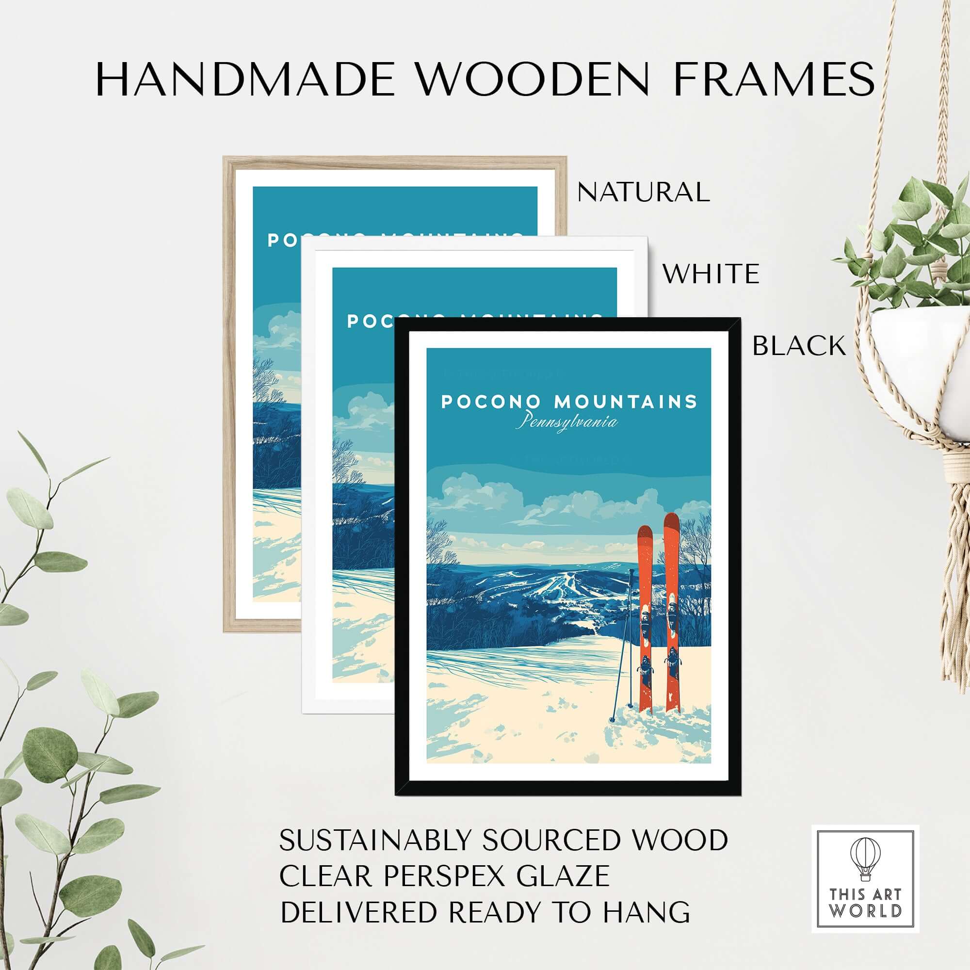 Handmade wooden frames in natural, white, and black for Pocono Mountains ski resort poster, ready to hang.