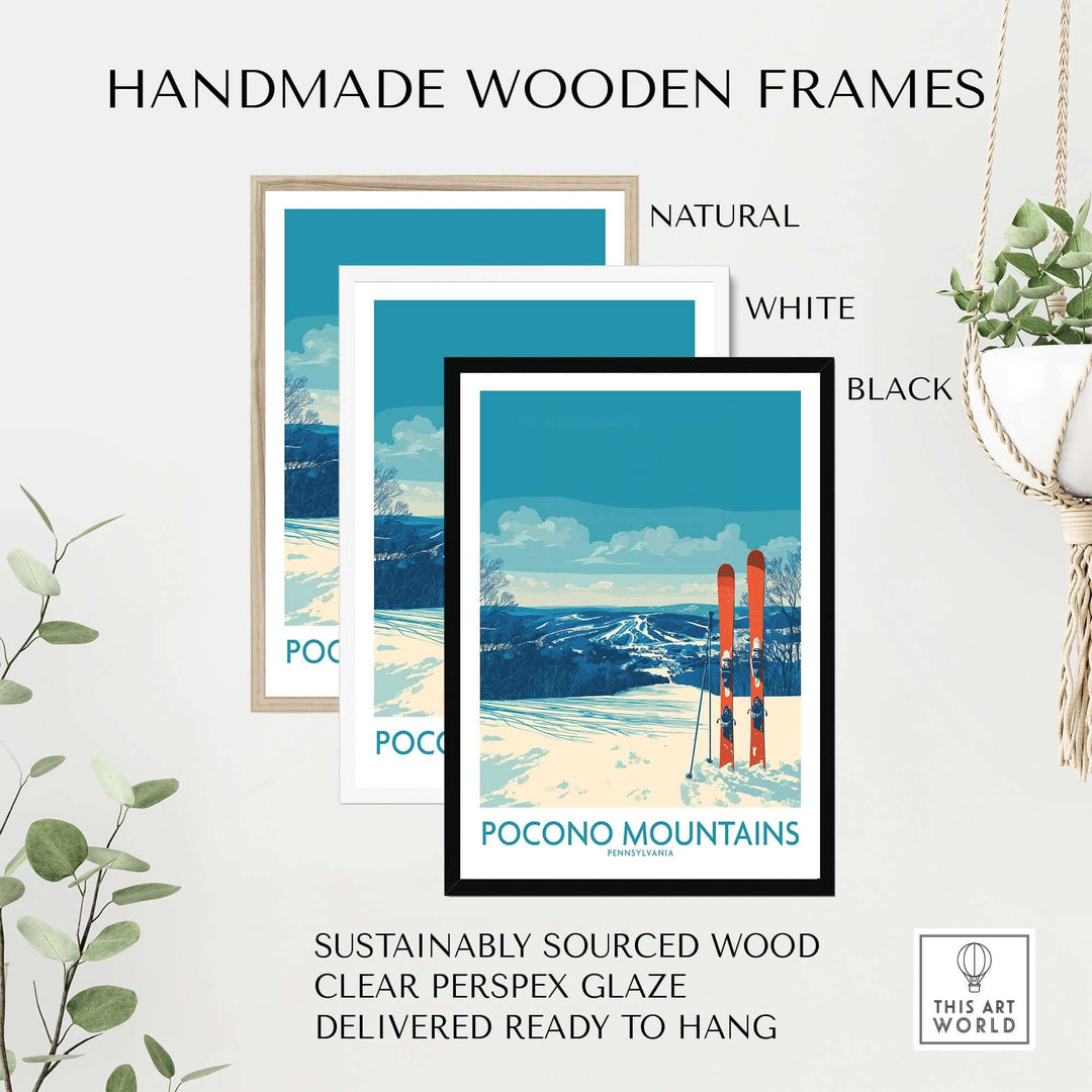 Handmade wooden frames in natural, white, and black for Pocono Mountains wall art, sustainably sourced and ready to hang.