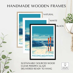 Pocono Mountains Ski Retreat Wall Art - Pennsylvania Mountain Decor displayed in handmade wooden frames.