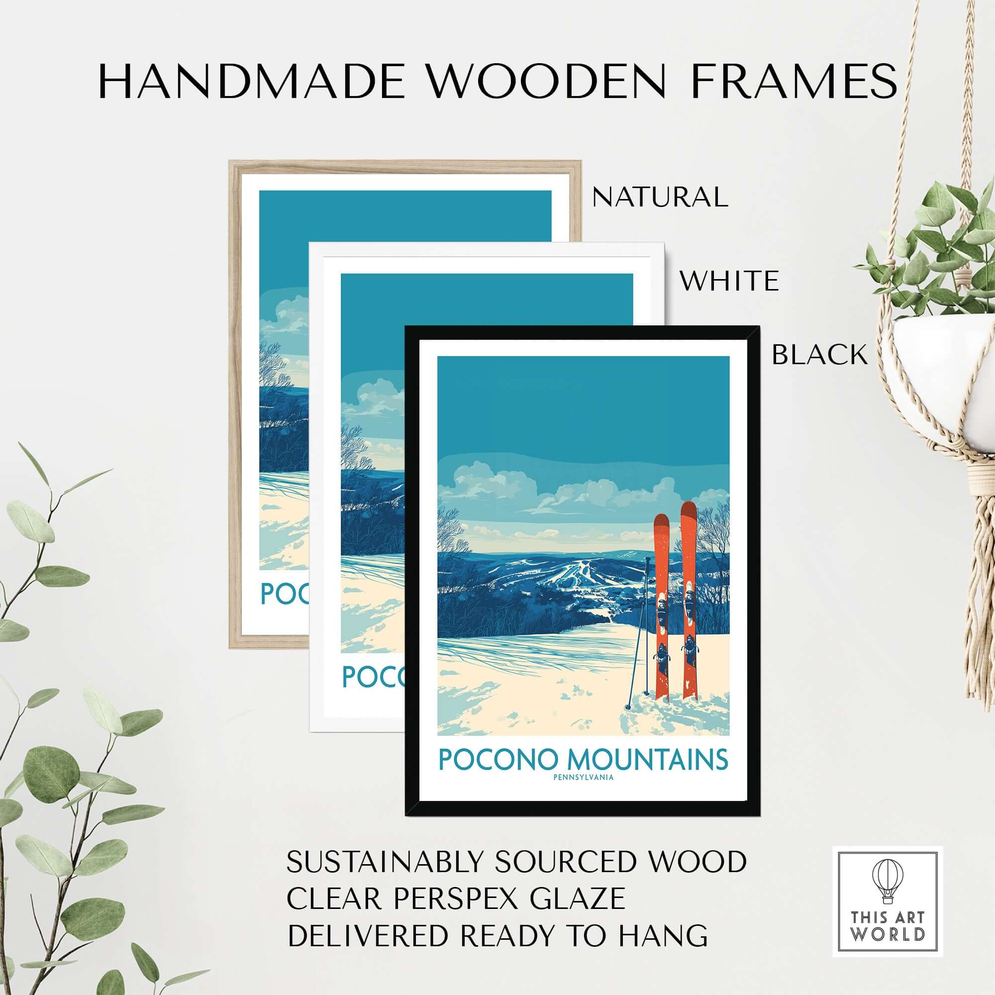 Pocono Mountains Ski Retreat Wall Art - Pennsylvania Mountain Decor displayed in handmade wooden frames.