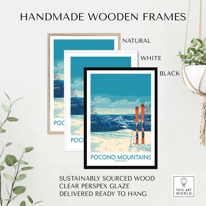 Handmade wooden frames in natural, white, and black for Pocono Mountains wall art, sustainably sourced and ready to hang.