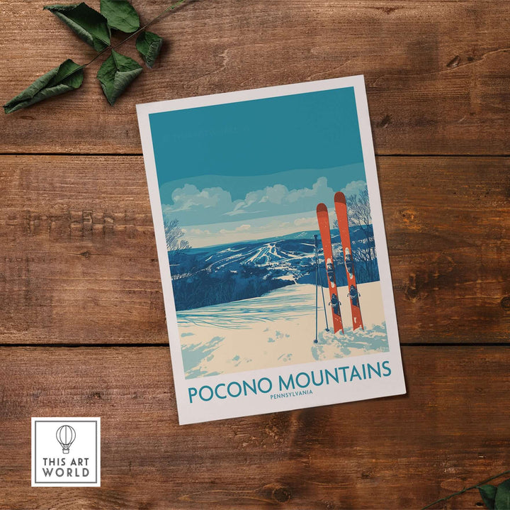 Pocono Mountains Ski Retreat wall art showcasing vintage ski scene in Pennsylvania with snowy landscape.