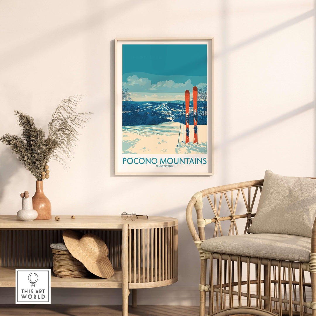 Pocono Mountains Ski Retreat wall art featuring ski poles and scenic view, perfect for Pennsylvania mountain decor.