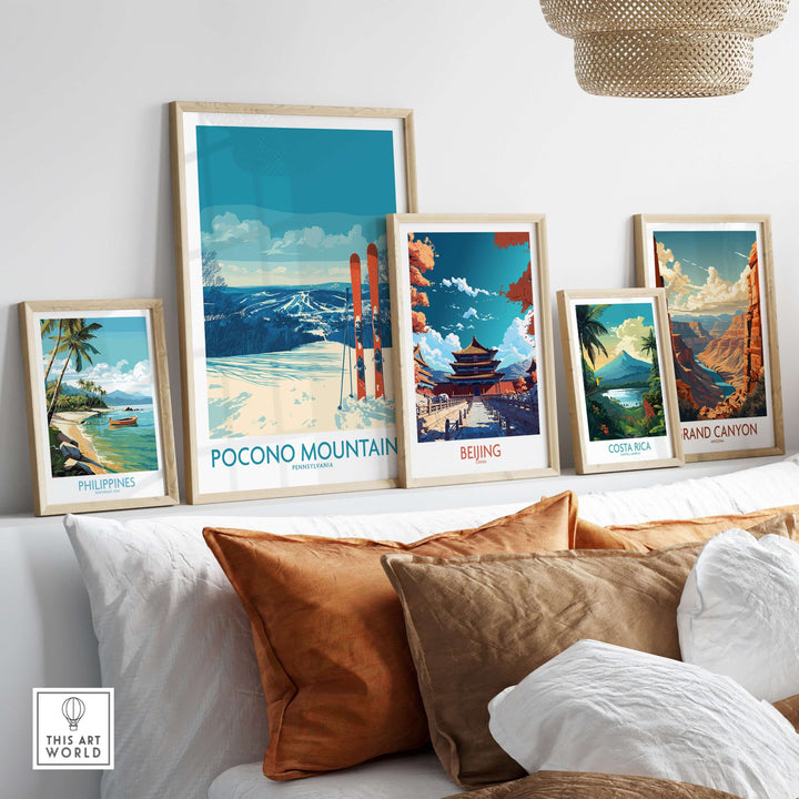 Pocono Mountains ski retreat wall art set in a cozy living room showcasing Pennsylvania mountain decor.