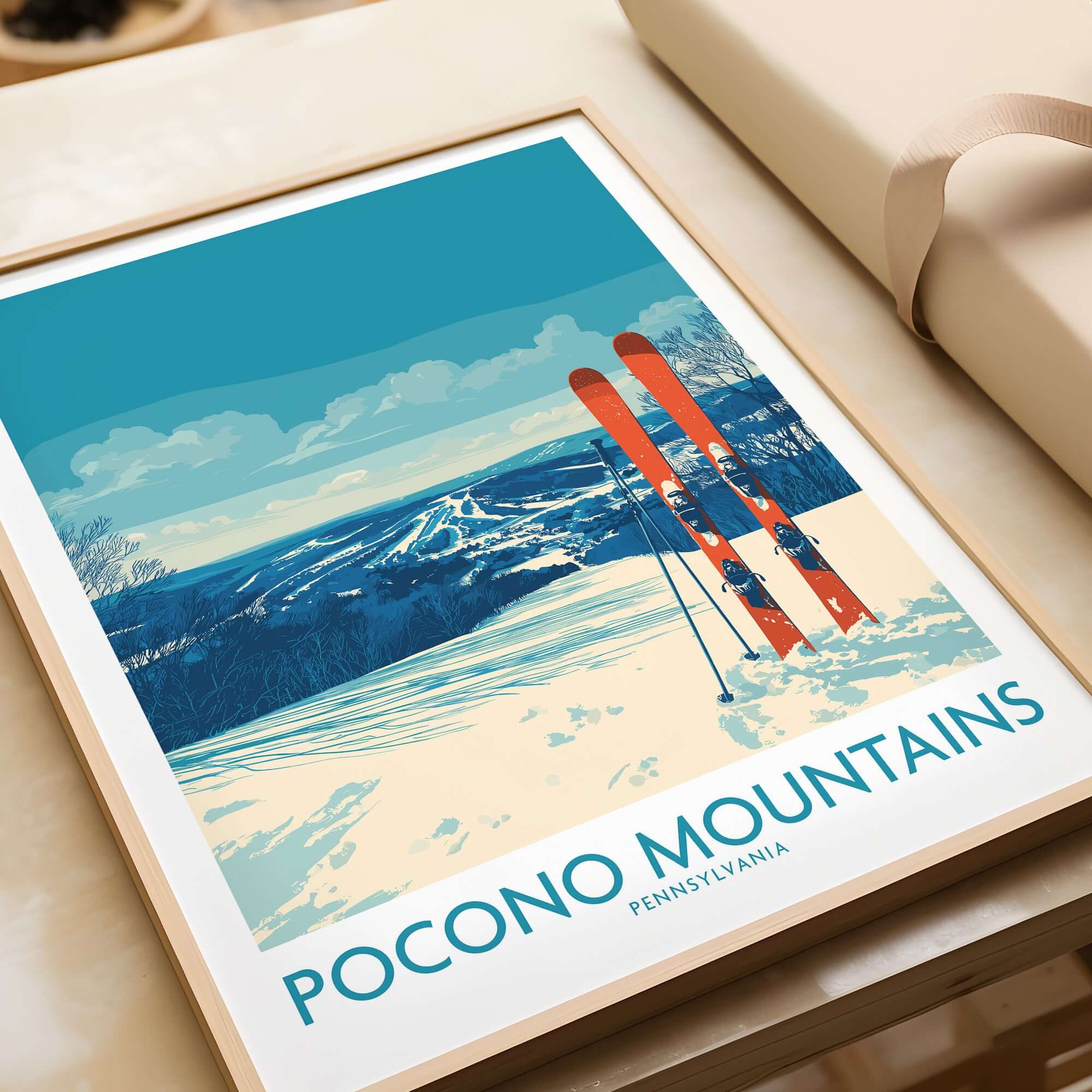 Pocono Mountains Ski Retreat Wall Art - Pennsylvania Mountain Decor showcasing ski equipment against a picturesque winter landscape.