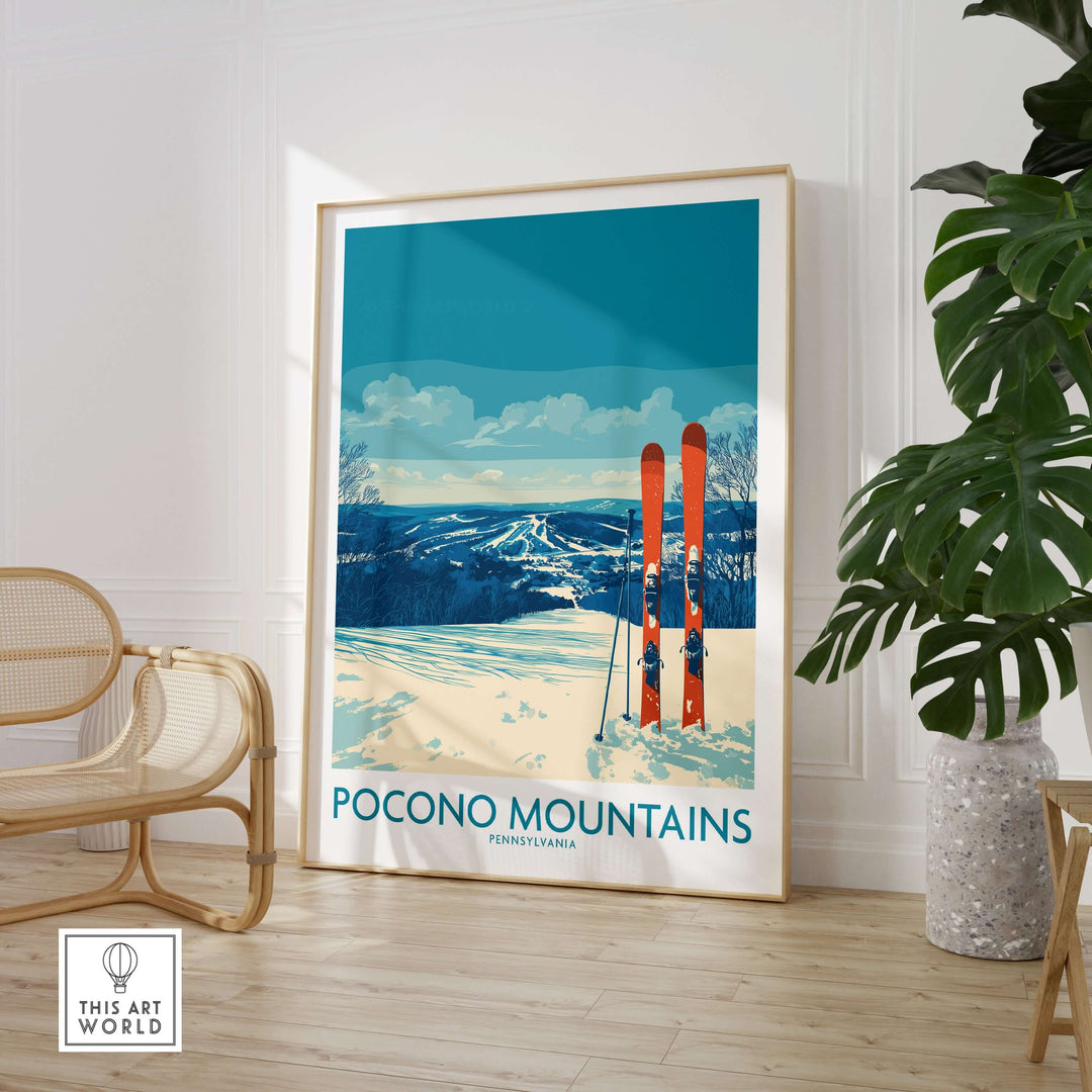 Pocono Mountains ski retreat wall art featuring vintage ski equipment and mountain views, perfect for cozy home decor.