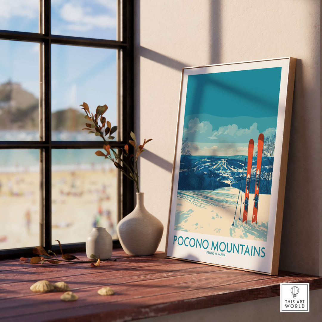 Framed Pocono Mountains ski retreat wall art showcasing vibrant colors and skis, perfect for Pennsylvania mountain decor.