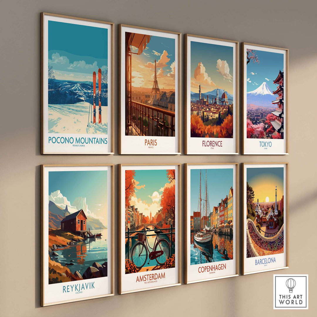 Collage of travel-themed wall art featuring Pocono Mountains, Paris, Florence, Tokyo, Reykjavik, Amsterdam, Copenhagen, and Barcelona.