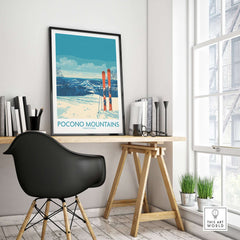 Pocono Mountains Ski Retreat Wall Art - Pennsylvania Mountain Decor showcased in a cozy home office with stylish furniture.