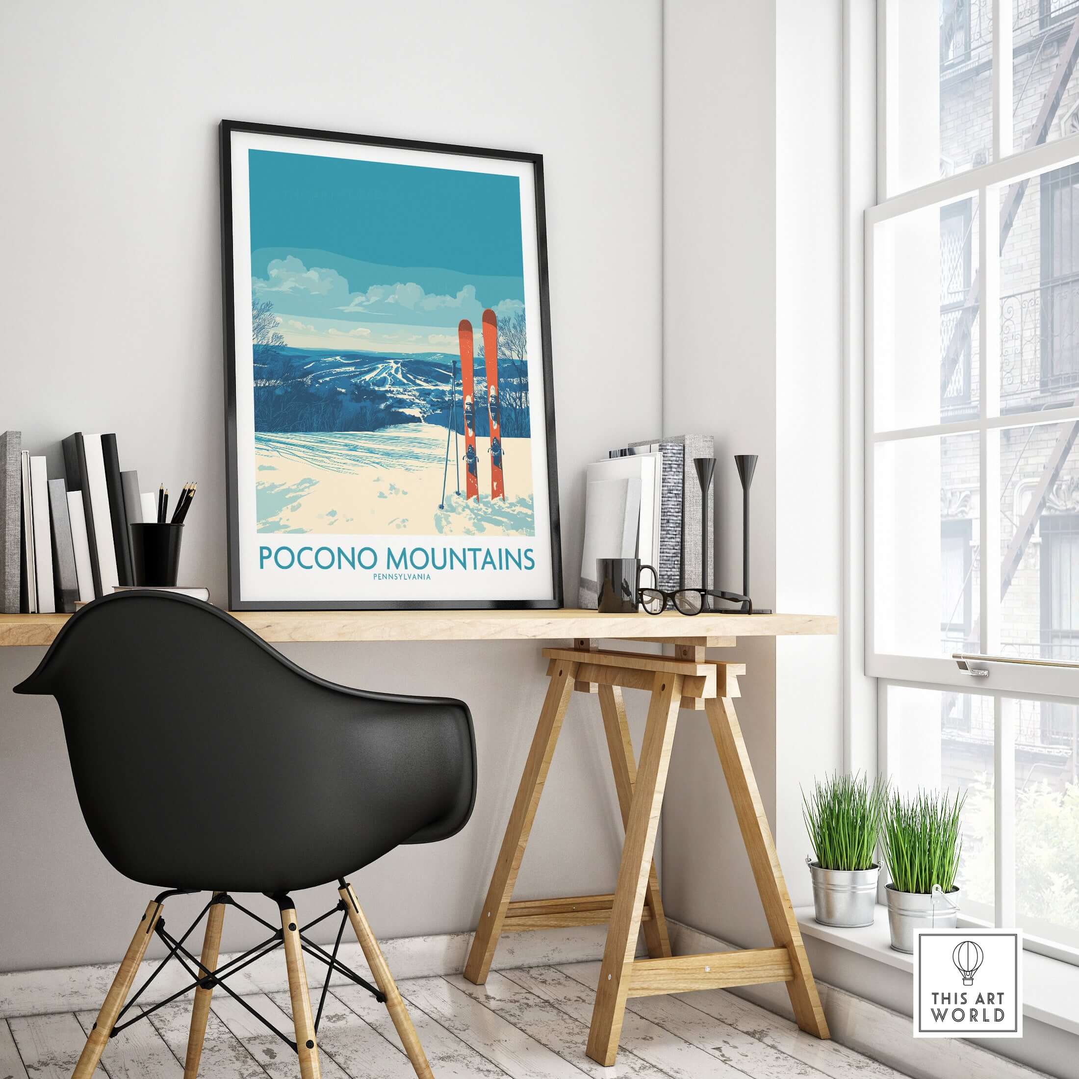 Pocono Mountains Ski Retreat Wall Art - Pennsylvania Mountain Decor showcased in a cozy home office with stylish furniture.