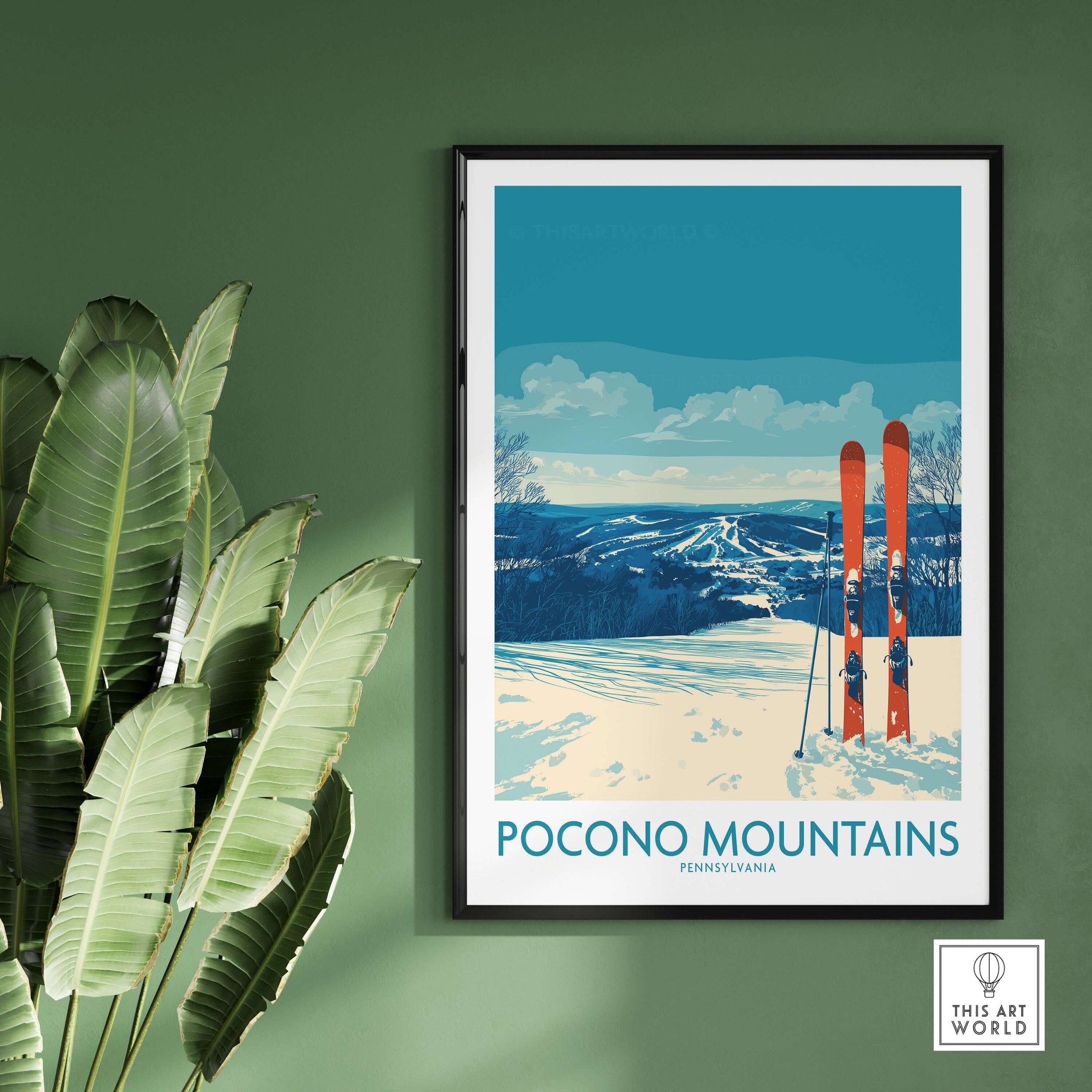 Pocono Mountains Ski Retreat Wall Art - Pennsylvania Mountain Decor featuring ski equipment and scenic mountain views.