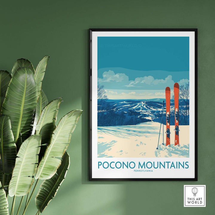 Pocono Mountains wall art featuring skis and snowy mountain landscape, perfect for Pennsylvania mountain decor.